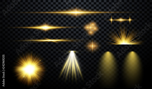 	 Set of flashes, lights and sparks. Abstract golden lights isolated on a transparent background. Bright gold flashes and glares. Bright rays of light. Glowing lines. Vector illustration.