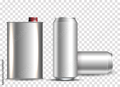 Aluminum cans set mockup illustration. Realistic metallic can. EPS10 Vector template for your design.