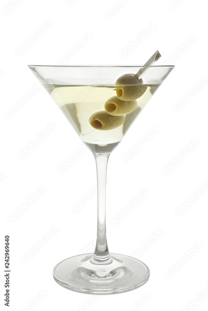 Glass of olive martini on white background