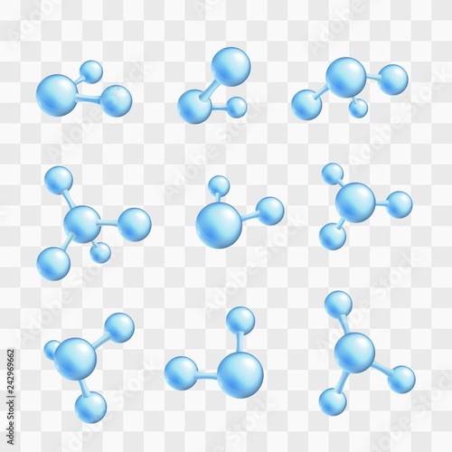 Vector abstract molecule set on transparent background. Blue atoms molecular objects for medical, chemical, biotechnologies and pharmaceutical related design.