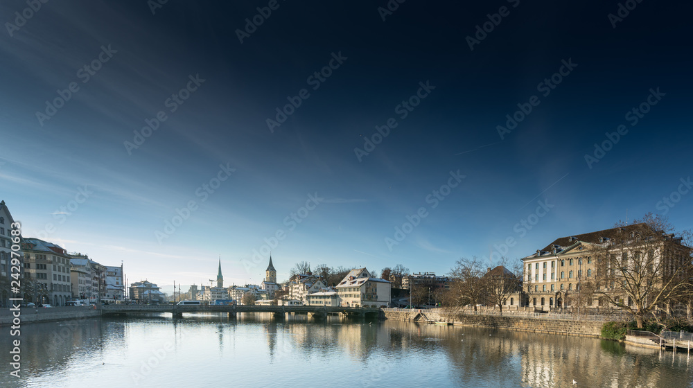 Zurich, ZH / Switzerland - January 4, 2019: cityscape view of the buildings and downtoen Zurich in the heart of the old part of the city