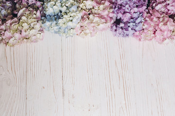 Colorful pink,blue,green,white border of hydrangea, greeting card with space for text. Beautiful hydrangea flowers on rustic white wood, flat lay. Hello spring. Happy mothers day. Women day
