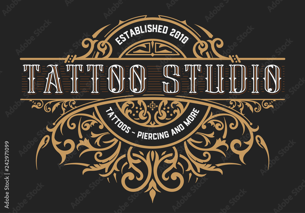 Tattoo logo template. Old lettering on dark background with flor