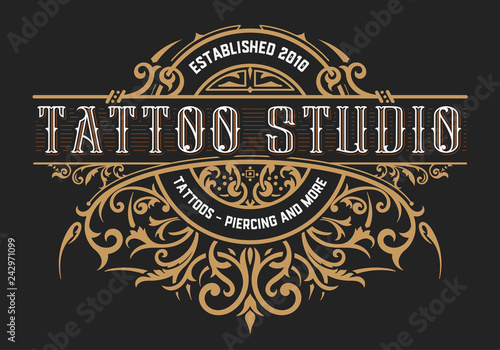 Tattoo logo template. Old lettering on dark background with flor