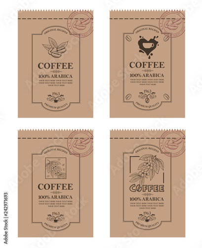 collection of coffee packaging with branch, beans and cup