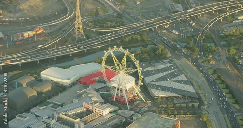 Aerial view at sunrise Melbourne Star Observation Wheel