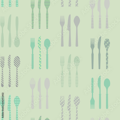 Seamless pattern of a fork, knife and spoon with polka dots and stripes. Easy to edit colors in Illustrator.