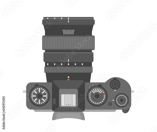 Digital mirrorless camera. Top view with lense. Flat vector illustration. Beautiful classic looks professional device for photography and 4K video with APS-C sensor.