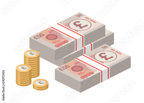 Isometric stacks of 50 pound sterling banknotes and coins. British money. Big pile of cash. Currency. Vector illustration.