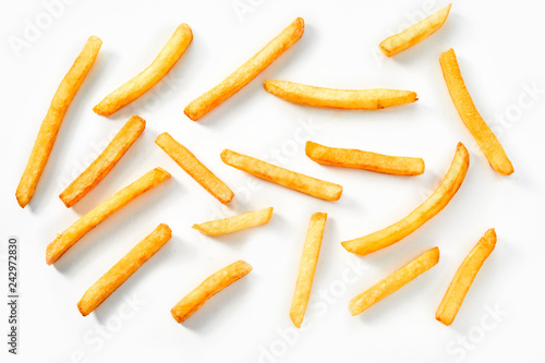 Flat lay view of deep fried potato chips