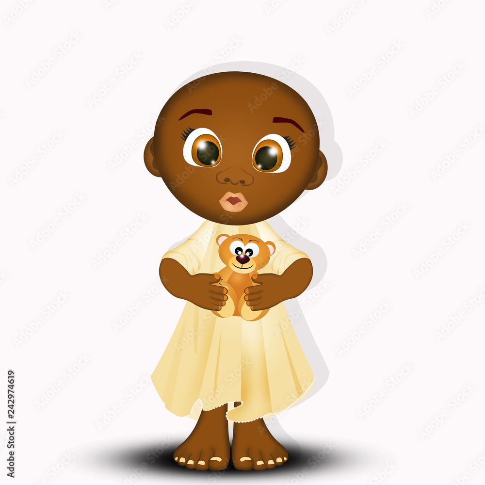 funny illustration of black child with teddy bear funny illustration of black child with teddy bear