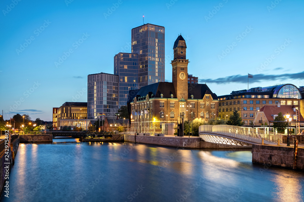 Malmo, Sweden. Beautiful cityscape with canal and skyline at dusk