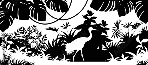 Laser cutting background jungle. Silhouette crane, palm and liana. Vector illustration exotic plants.