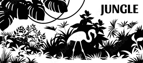 Laser cutting background jungle. Silhouette flamingo, palm and liana. Vector illustration exotic plants.