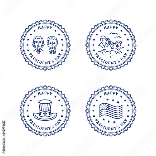 USA icons set, Presidents Day round stamps. Presidents Day banners - USA flag, American Presidents, Uncle Sam hat, Mount Rushmore. Vector flat illustration