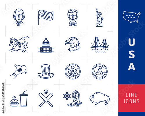 USA icon set, American culture icons. USA flag, American presidents, Uncle Sam hat, Mount Rushmore. Golden Gate Bridge, White House USA. Vector outline illustration