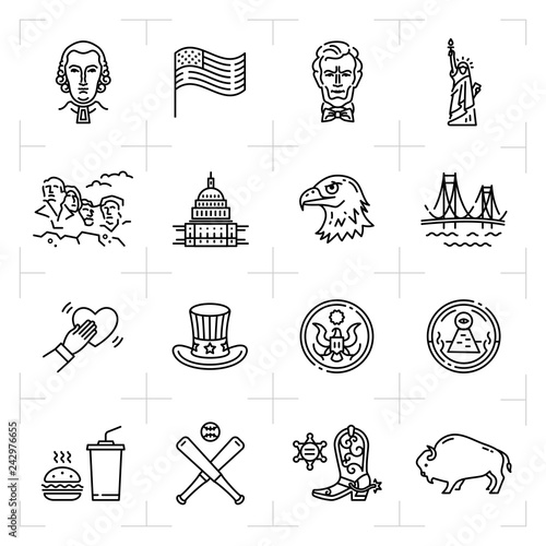 USA icon set, American culture icons. Thin line art design, Vector flat illustration