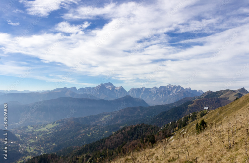 Panoramic view from mountain Golica in Karavanke with mountain hut in foreground, Slovenia