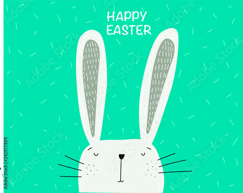 Happy Easter hand drawing rabbit card. Green background