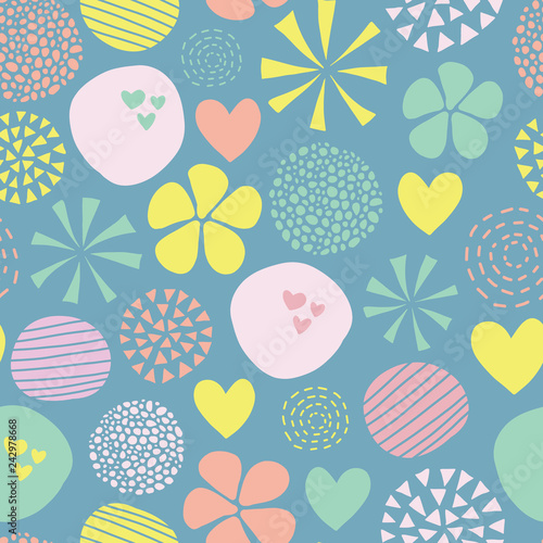 Cute doodle vector pattern with flowers, dots, hearts in pink, yellow, green, blue. Abstract seamless background. Hand drawn simple feminine design for girl, fabric, digital paper, baby, woman, decor