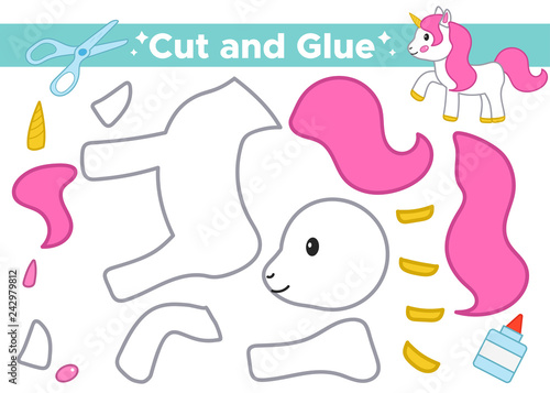 Paper educational game for kids. Cute cartoon fantasy unicorn. Cut and glue. Application for preschoolers. Vector illustration.