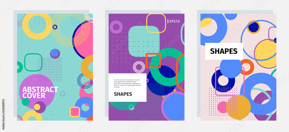Collection of covers with bright geometric shapes. Abstract backgrounds for poster, flyer, banner, brochure and advertising. 