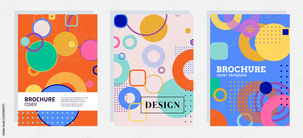Collection of covers with bright geometric shapes. Abstract backgrounds for poster, flyer, banner, brochure and advertising.