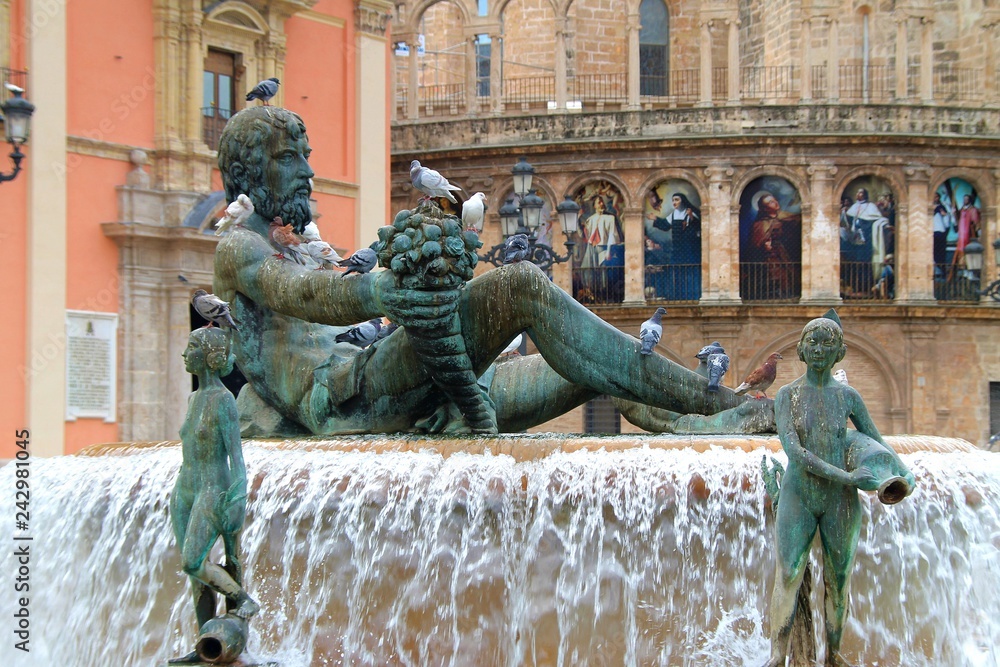 fountain, valencia, neptune, naked women, spain, statue, water, architecture, sculpture, monument, art, landmark, ancient, baroque,