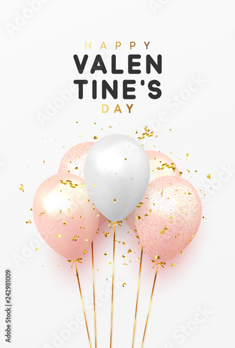 Happy Valentines Day background with realistic balloons and glitter gold confetti