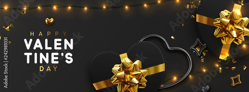 Valentines Day banner. Background design of sparkling lights garland, realistic black gifts box with heart shaped, and glitter gold confetti. Horizontal holiday poster, greeting cards, header, website