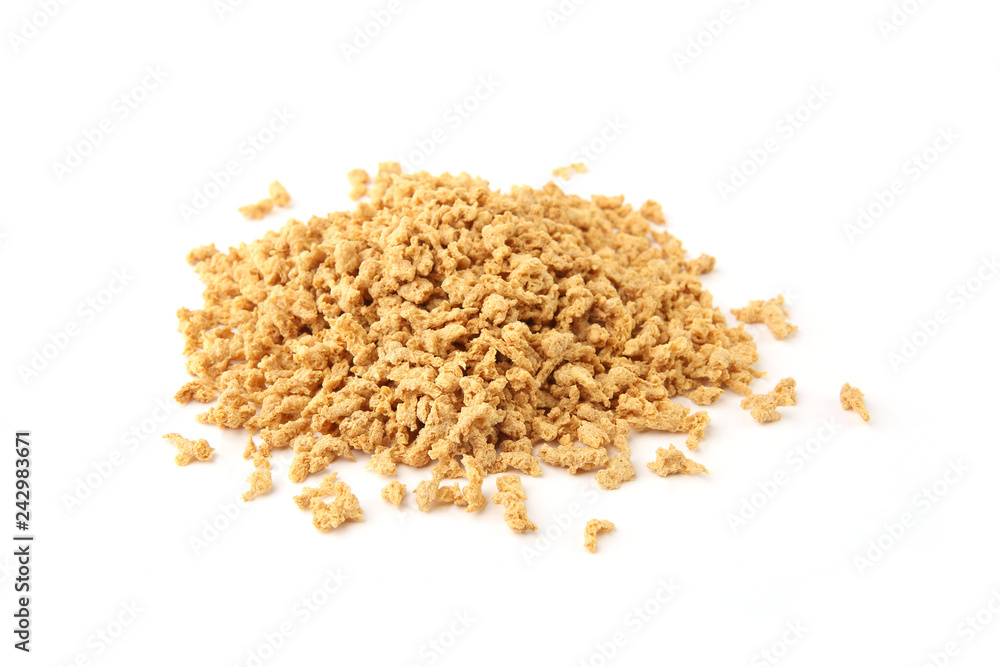 Raw soy mince pile isolated on white background. Dry soya mince meat. Raw soy mince pile isolated on white background. Dry soya mince meat.