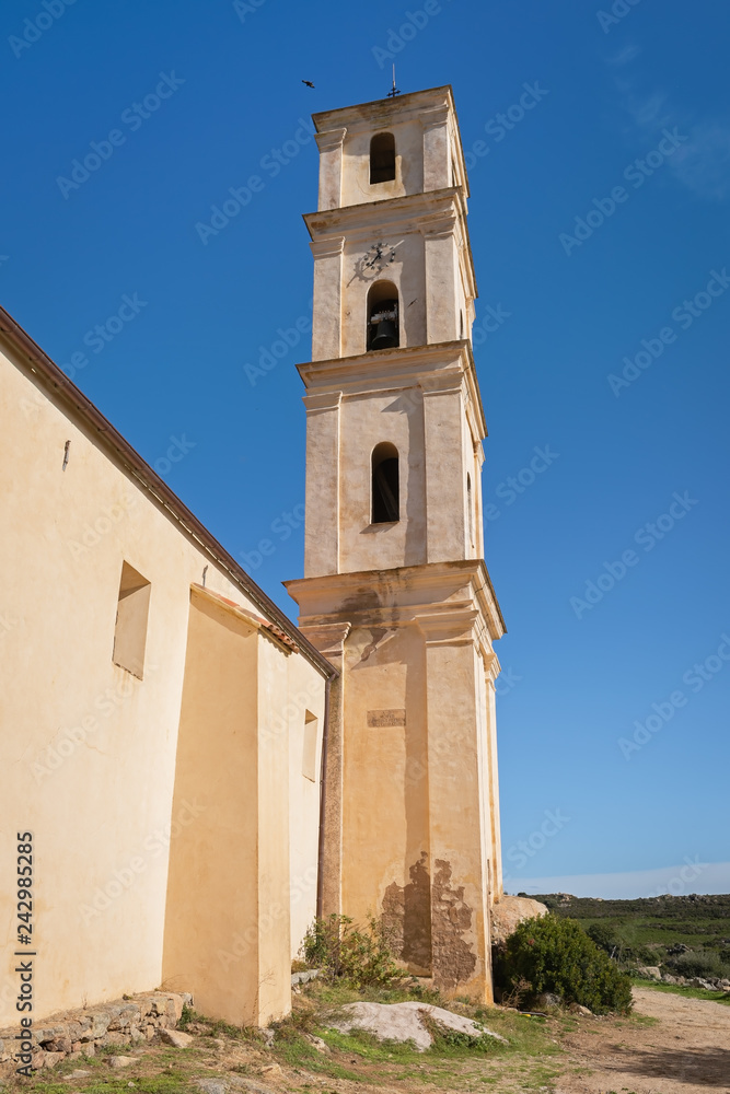Bell tower of the church of the Annunciation and brotherhood in San Antonino, Corsica, France