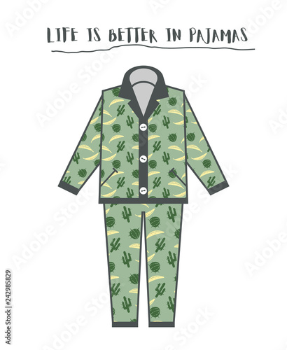 Fashion doodle pajama for good night sleep or party. Isolated flat vector illustration. Modern look pijama template. Clothing sample printable scheme.