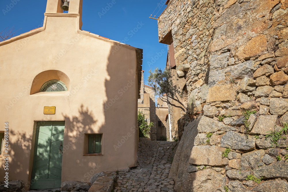 Narrow street of the beautiful Corsican village of San Antonino, France