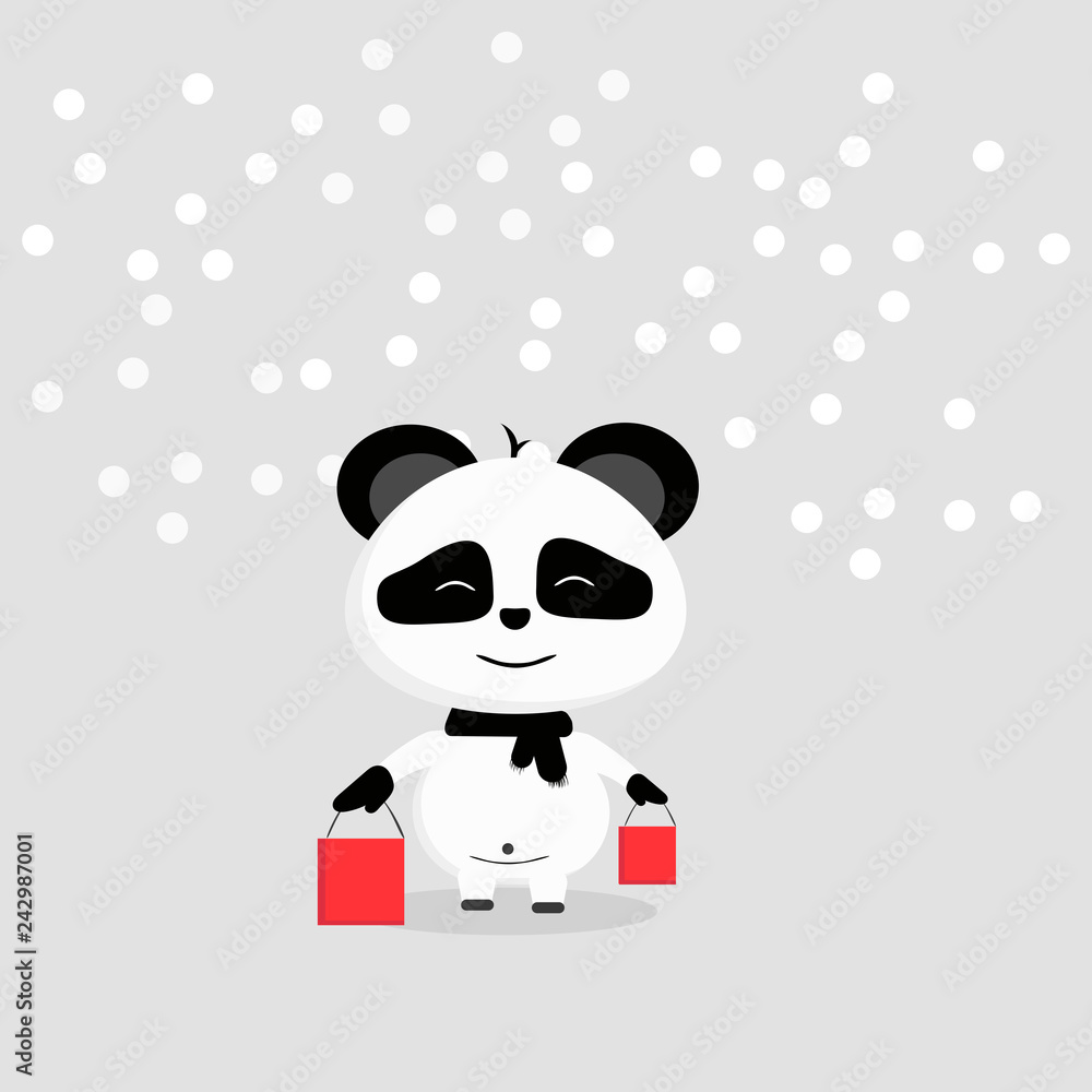 sweet panda on a gray background, panda with a black scarf around his neck, bear with purchases,  shopping, red packages, happy bear
