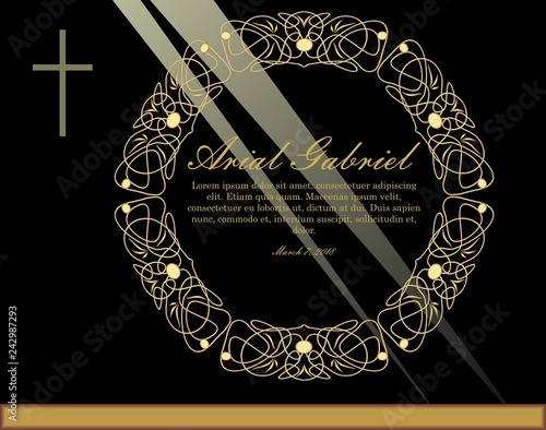 Luxurious obituary with golden circle filigree patterned wreath and simple crucifix on black background with light rays. Burial announcement in luxurious design. Vector template