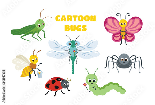 Vector cute insect collection. Butterfly, dragonfly, spider, ladybug, caterpillar, bee, grasshopper. Funny bug and beetle isolated on white background