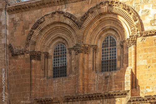 Legendary wooden staircase at the windows above the entrance to the Church of the Holy Sepulcher