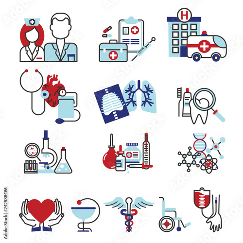 Flat line design icons composition set  medicine concept  clinic and hospital facilities. Modern vector illustration for web design  marketing and print material.