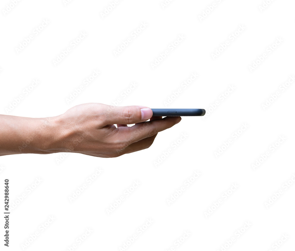 Man hand holding smartphone in horizontal screen facing up isolated on white background Man hand holding smartphone in horizontal screen facing up isolated on white background