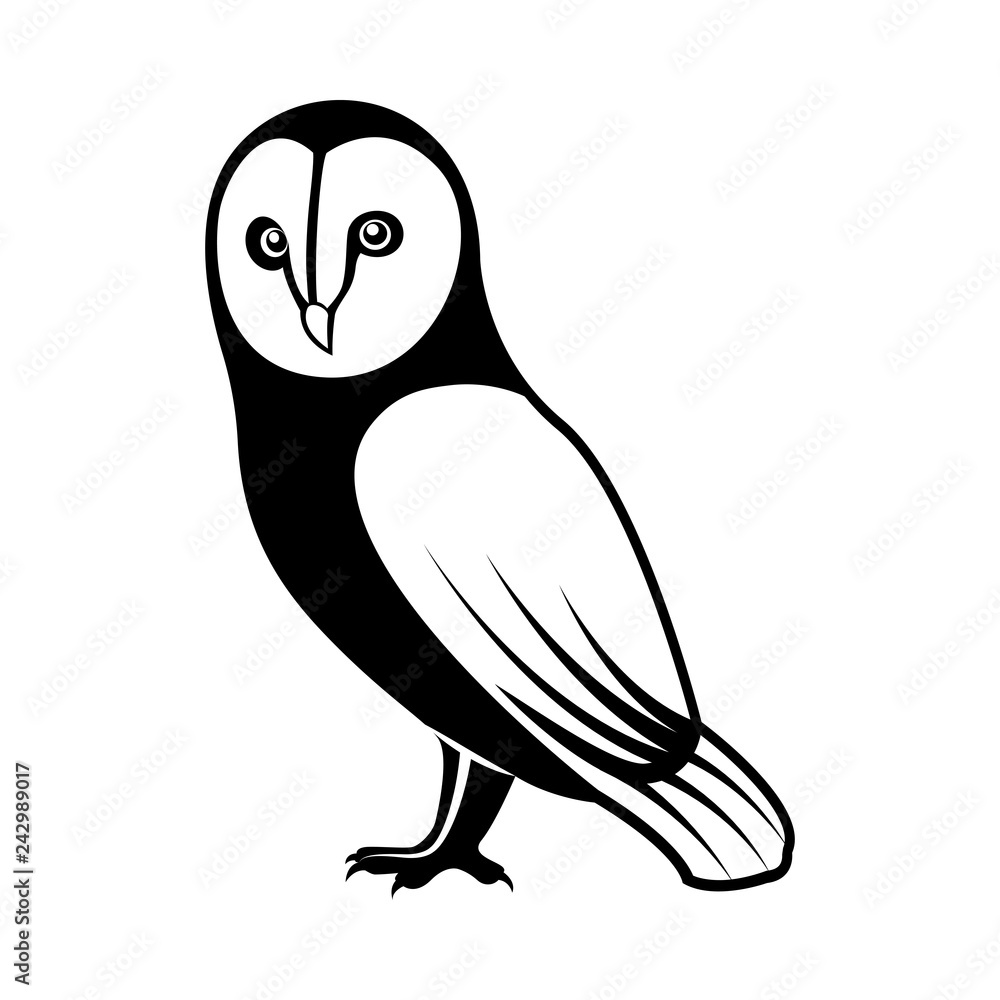 Vector image of standing owl, black and white on an isolated white background Vector image of standing owl, black and white on an isolated white background