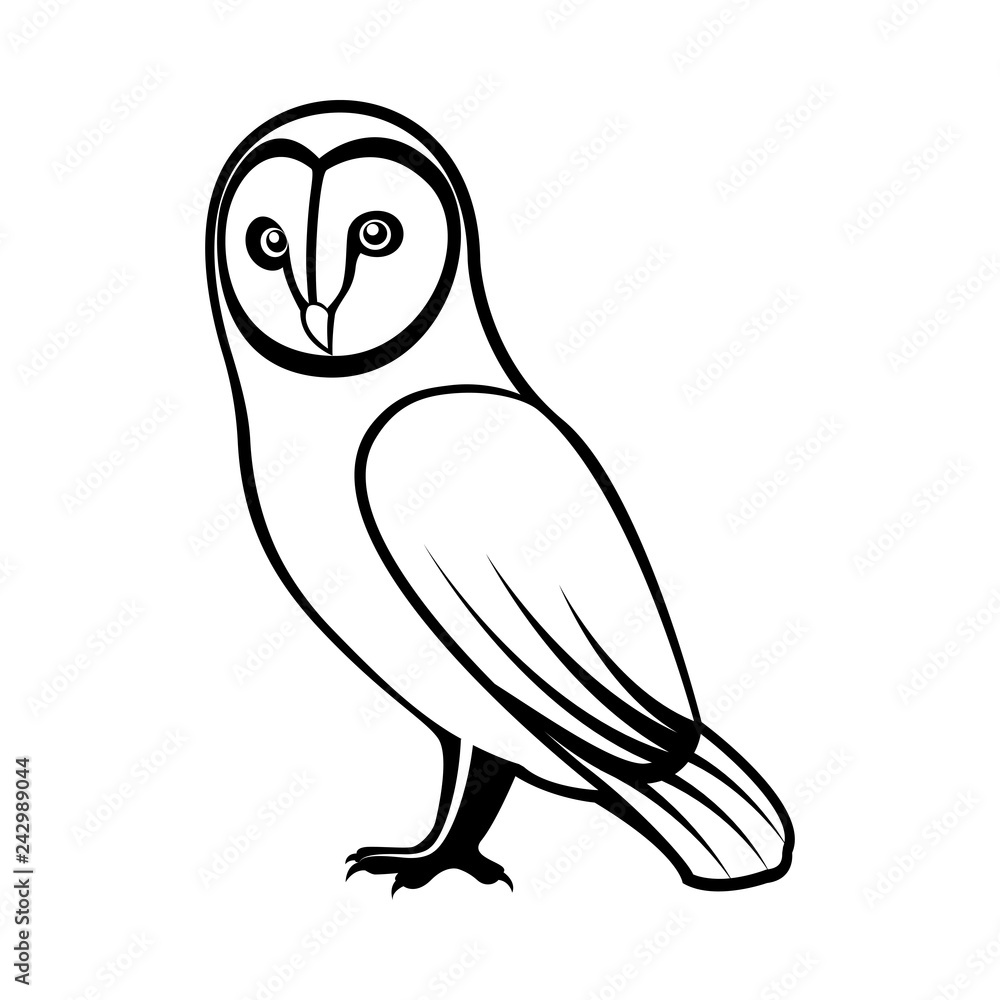 Fototapeta premium Vector image of standing owl, black and white on an isolated white background