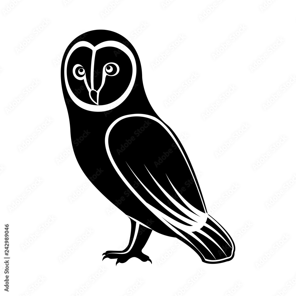 Vector image of standing owl, black and white on an isolated white ...