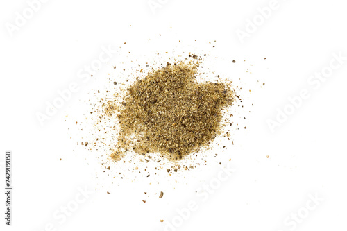 Powdered black pepper and peas. Isolated on a white background. black ground (milled) pepper and black pepper whole peas, side view, isolated on white background. 