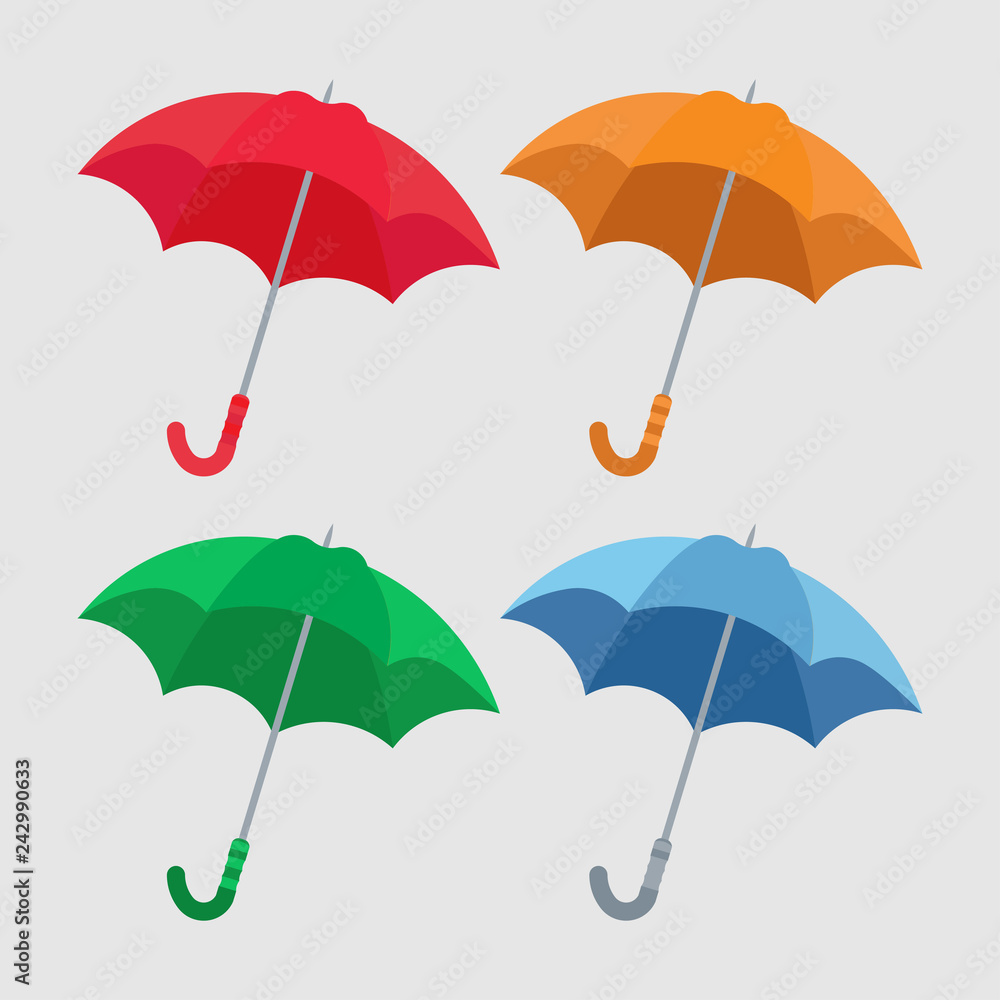 set of umbrellas close-up, multicolored umbrella icon, flat desi