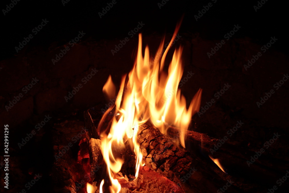 Fototapeta premium Fire logs burning outdoors in a campfire
