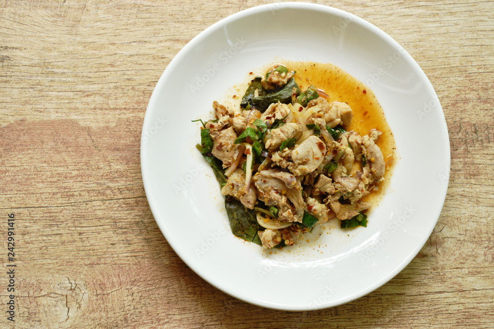 spicy chicken and liver salad Thai salad on plate spicy chicken and liver salad Thai salad on plate