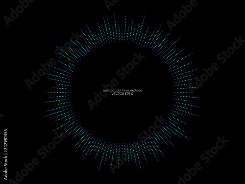 Abstract vector explosion circle frame with strip lines equalizer pattern in blue green color isolated on black background with space for text in concept of music, technology, science, digital, AI