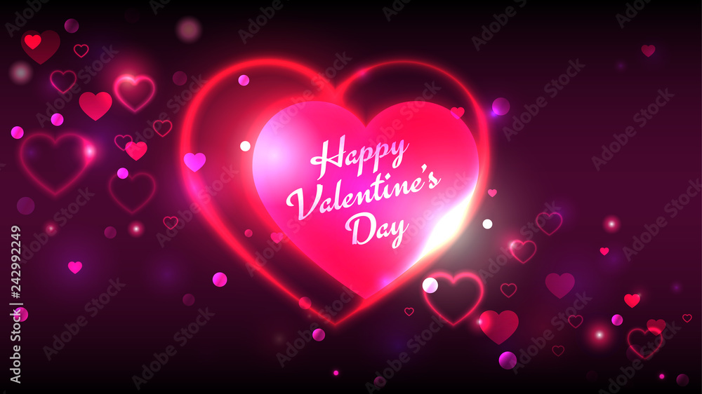 Valentines day greeting cards, bright neon heart shape on deep magenta bokeh background, vector illustration