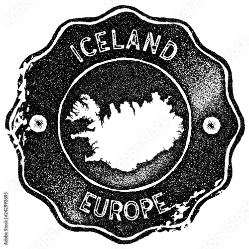 Iceland map vintage stamp. Retro style handmade label, badge or element for travel souvenirs. Black rubber stamp with country map silhouette. Vector illustration.